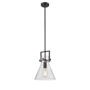 Newton Cone 100-Watt 1 Light Matte Black Shaded Pendant Light with Seeded glass Seeded Glass Shade