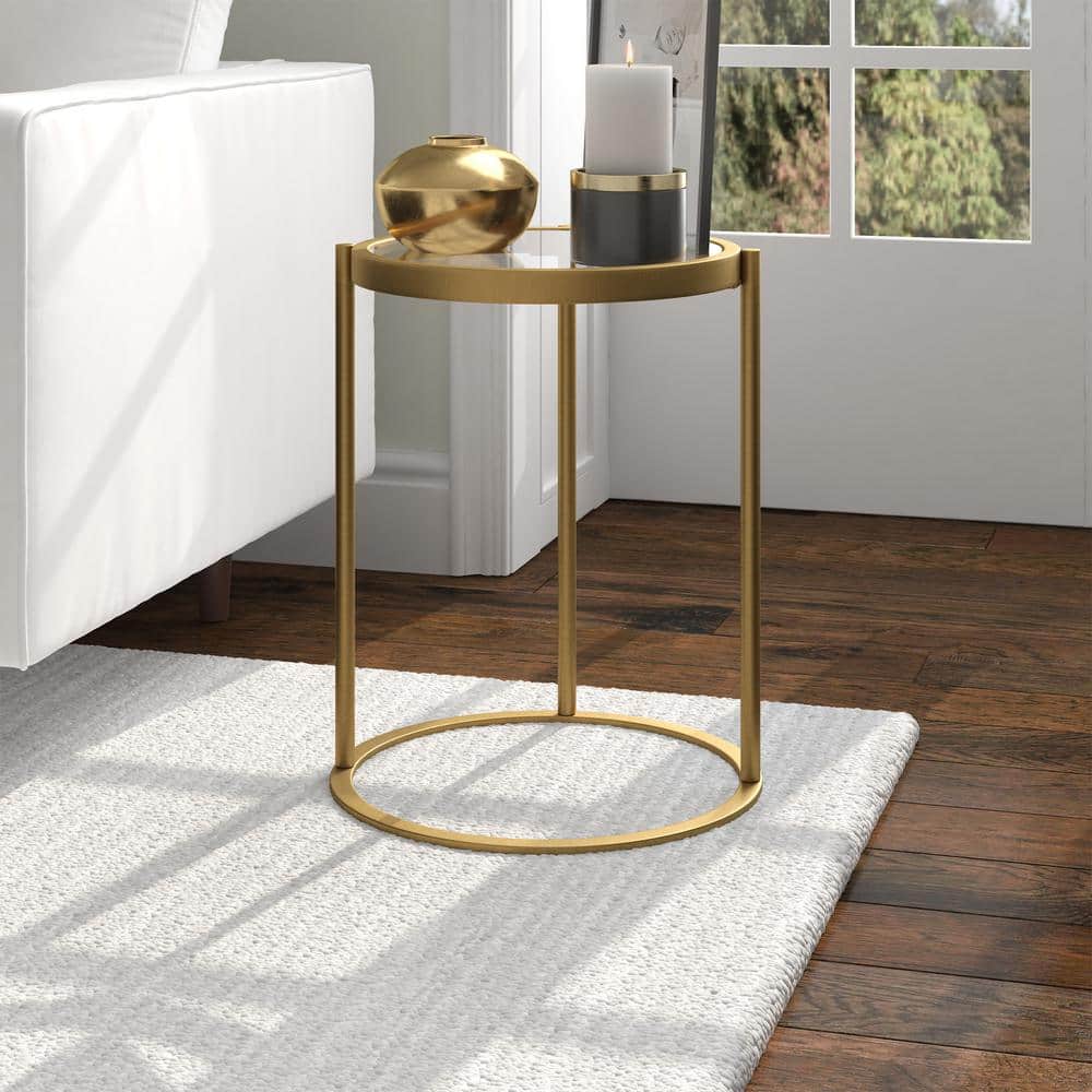 Elegant 16" Brass Round C-Shaped Side Table with Tempered Glass Top