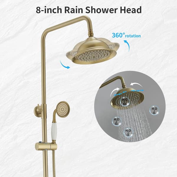 3-Spray Wall Bar Shower Kit Round Rain Shower Head with Tub Spout Hand Shower Brass Pipe 2 Cross Knobs in Brushed Gold