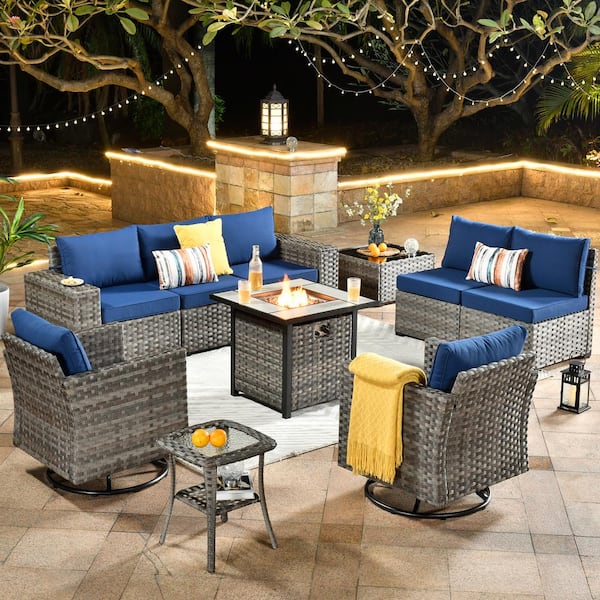 HOOOWOOO Tahoe Grey 10-Piece Wicker Swivel Rocking Outdoor Patio Conversation Sofa Set with a Fire Pit and Navy Blue Cushions