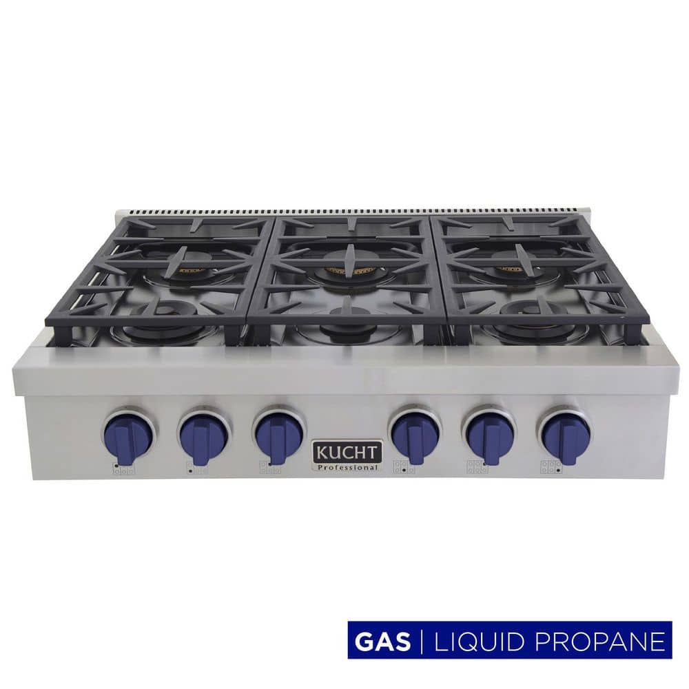 Professional 36 in. Liquid Propane Range Top in Stainless Steel and Royal Blue Knobs with 6 Burners
