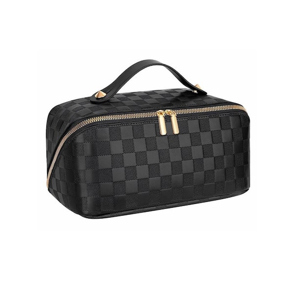Black Checkered Portable Travel Toiletry Makeup Bag, Large Capacity Cosmetic Organizer w/Dividers, Waterproof PU Leather