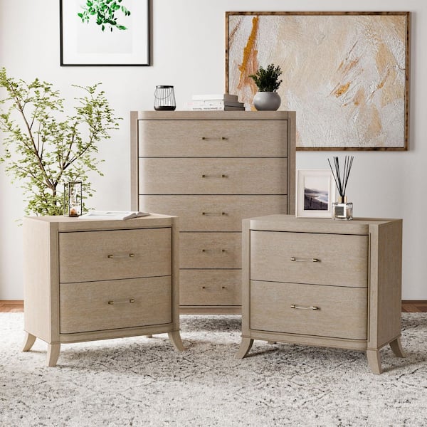 Furniture of America Ellington 3-Piece Natural Oak 2 Drawer 30 in. W Set of 2 Nightstands and Chest with Soft Curved Edges