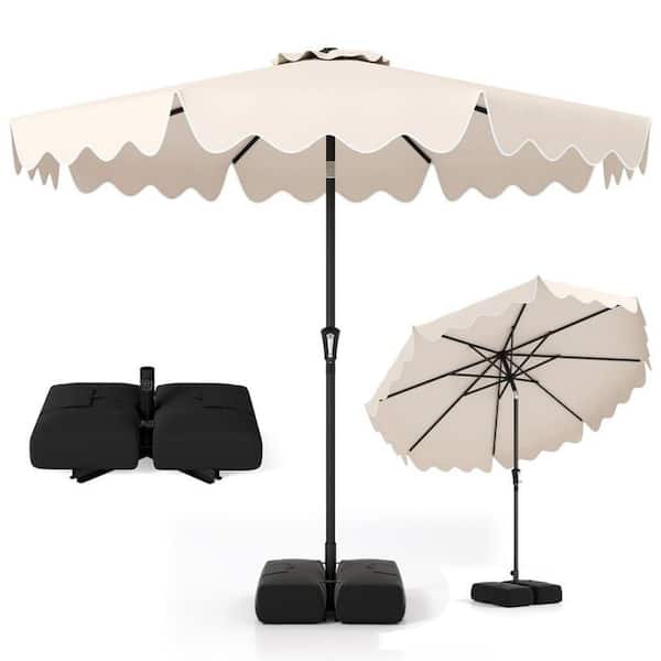 beige patio umbrella with scalloped edge Round Striped Fringe Outdoor Market Cream Opens with a crank lift mechanism Clihome 9 ft. Bohemian Tassel