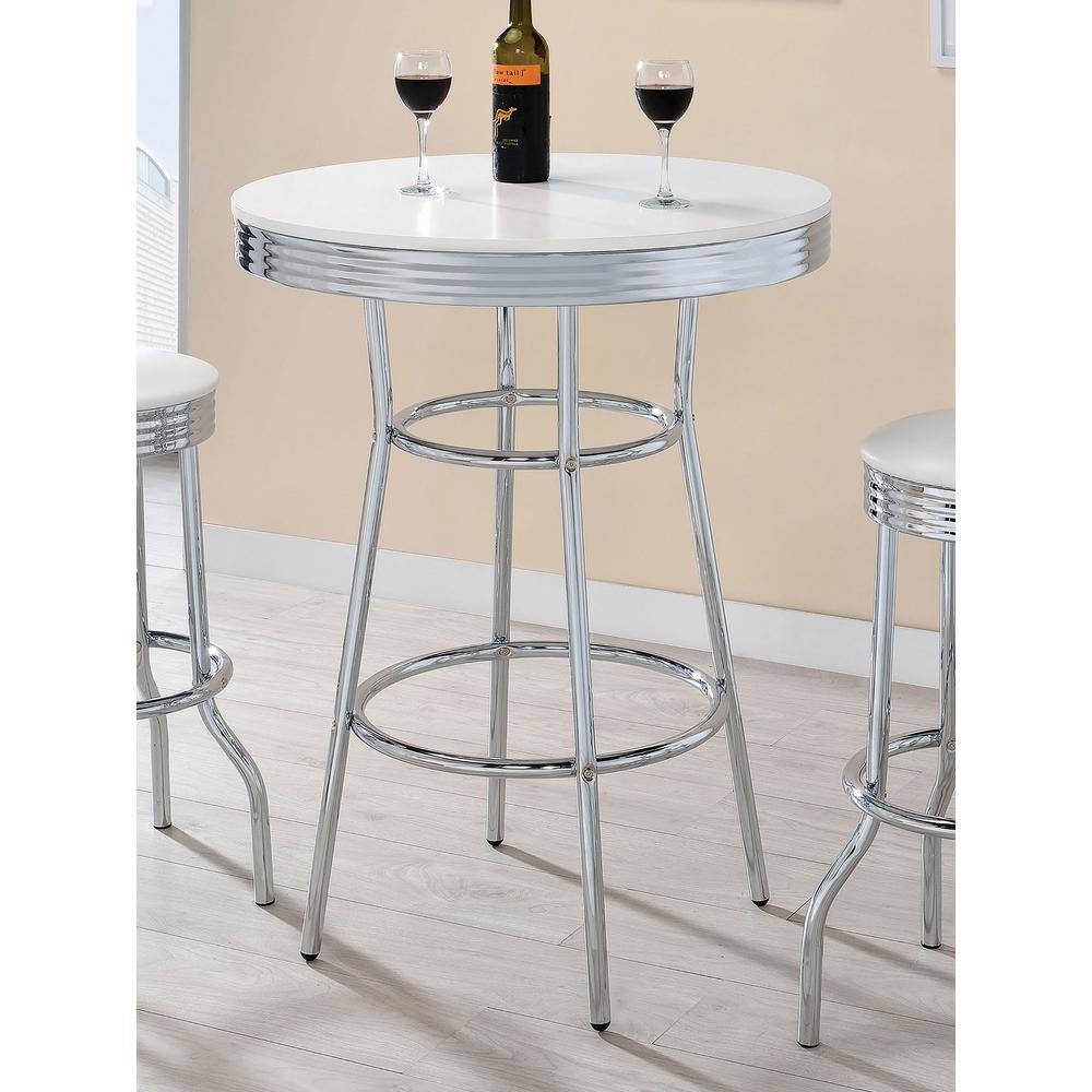 Contemporary Chrome and White Round Wood-Glass Bar Table