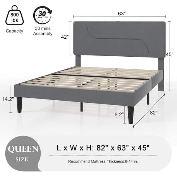 Upholstered Bed Frame Gray Metal Frame Queen Platform Bed with LED Lights, Velvet Headboard and Charging Station