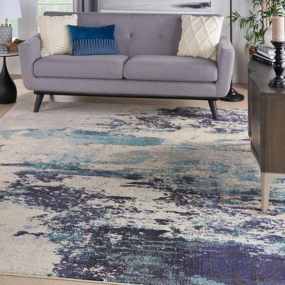 Reversible 5' x 7' Blue Abstract Synthetic Stain-Resistant Rug