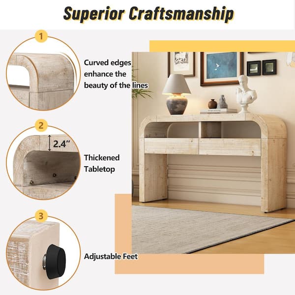 52 in. Natural Wood Console Table with Shelves & Drawers