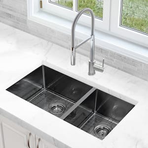 Prestige Series Undermount Stainless Steel 32 in. Double Bowl Kitchen Sink in Black PVD Nano Finish Grid and Strainer