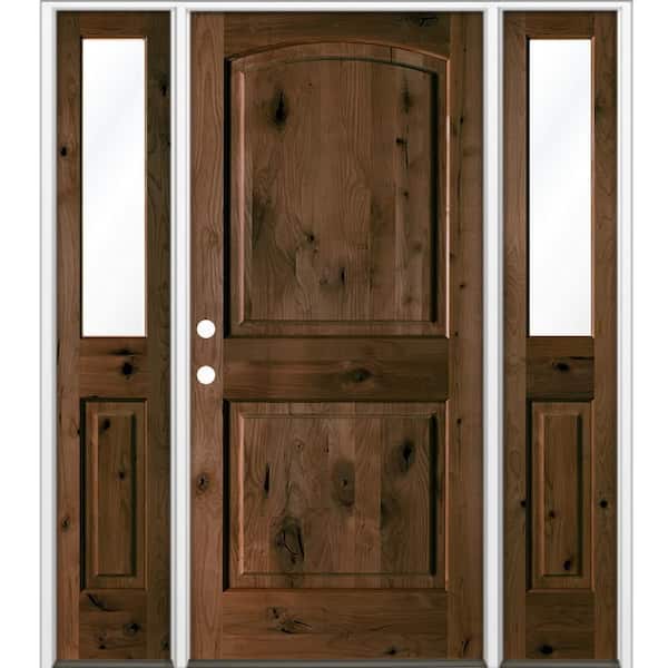 60 in. x 80 in. Knotty Alder 2-Panel Arch Right-H and/Inswing Clear Glass Espresso Stain Wood Prehung Front Door W/DHSL