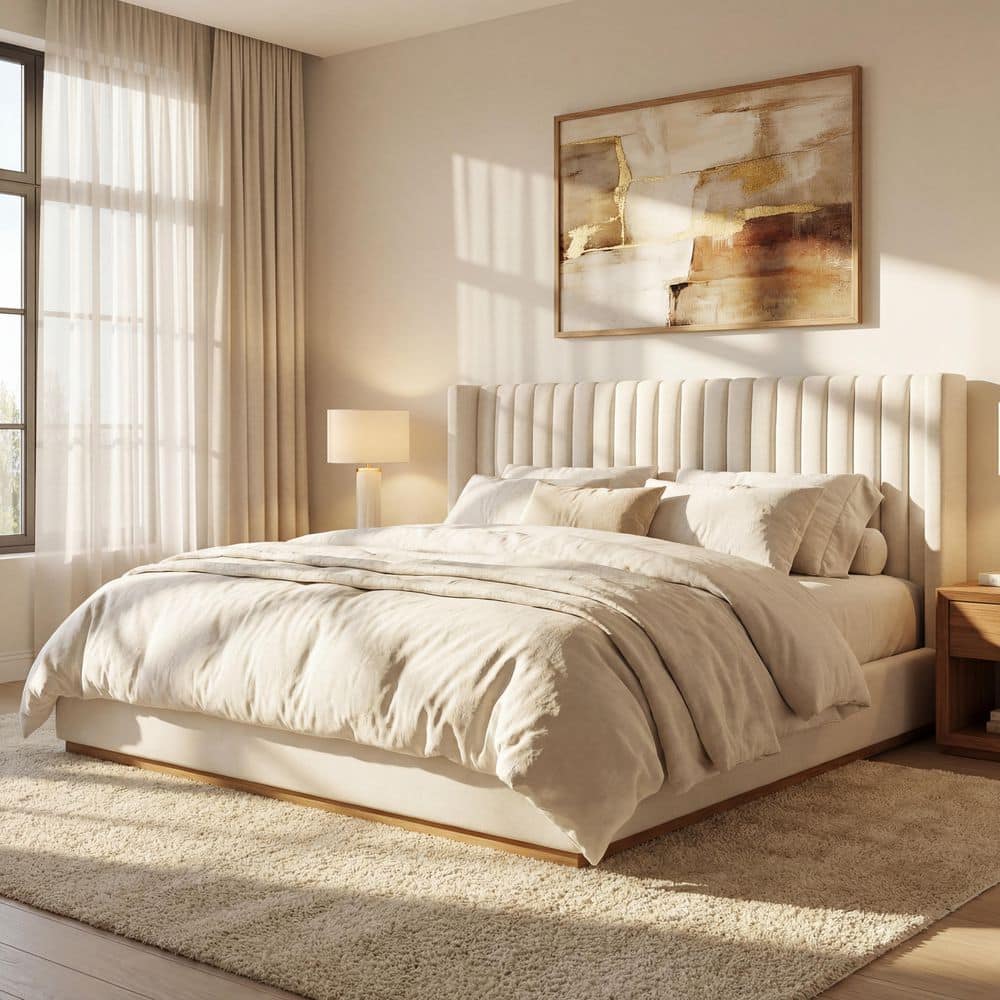 Modern Beige Wood Frame King Size Platform Bed with Wingback Headboard and Solid Wood Base price history on PriceWatchPro