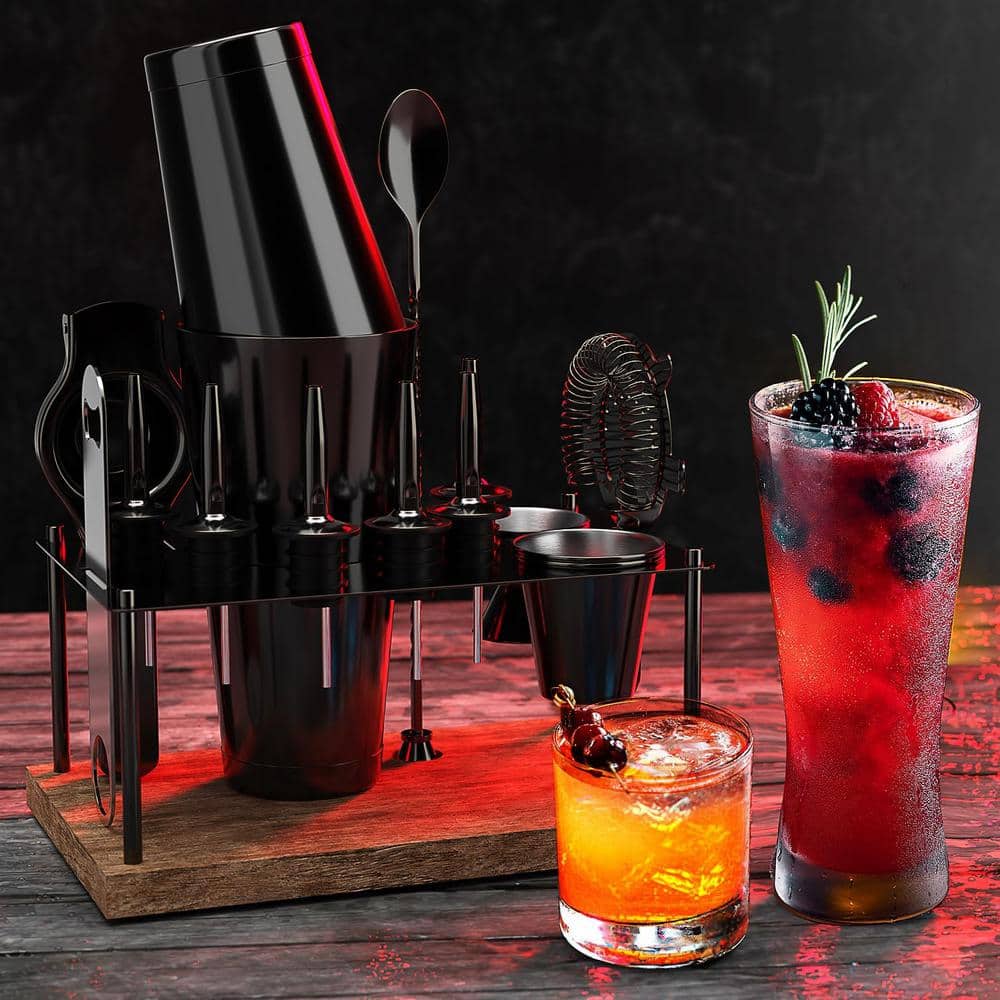 Black Corrosion-Resistant Steel 17-Piece Cocktail Shaker Set with Wood Stand