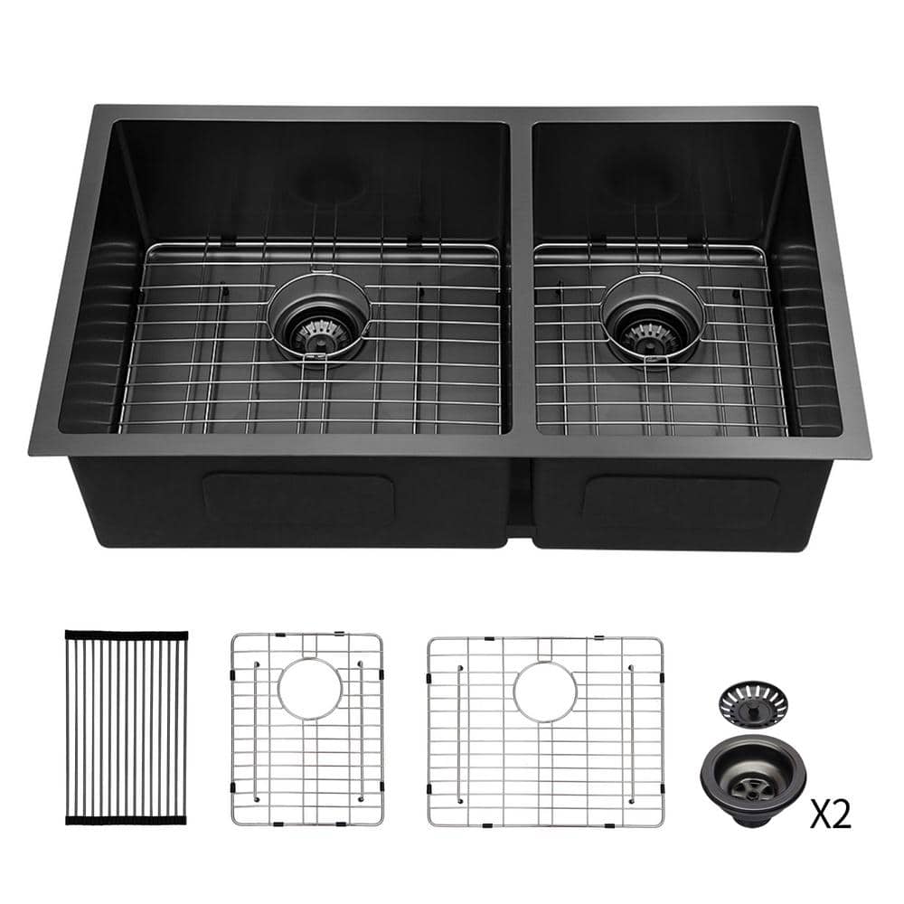 33 in. Undermount Double Bowl 16 Gauge Stainless Steel Kitchen Sink with Two 10 in. Deep Basin and Bottom Grids, Black