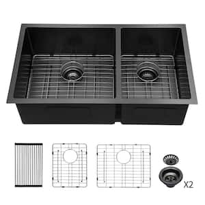 33 in. Undermount Double Bowl 16 Gauge Stainless Steel Kitchen Sink with Two 10 in. Deep Basin and Bottom Grids