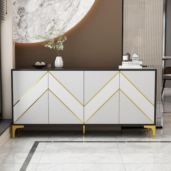 FUFU&GAGA 63 in.W Wavy Texture Paint Finish Wood Storage Cabinet Sideboard Cupboard in Gray With Adjustable Shelves