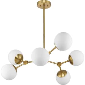 Haas 33.5 in. 6-Light Brushed Bronze Mid-Century Modern Chandelier with Opal Glass Shade