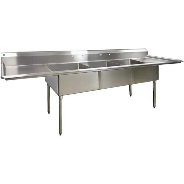 120 in. Freestanding Stainless Steel Commercial NSF 3 Compartments Sink EC3T2424LR with Drainboard 18-Gauge