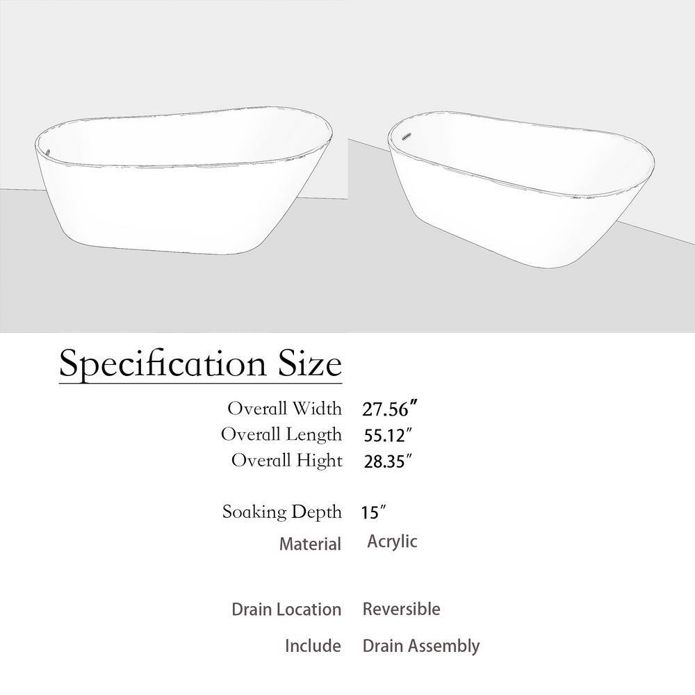 55'' White Acrylic Freestanding Single Slipper Bathtub