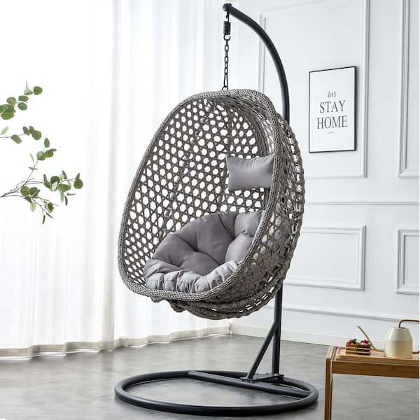 37 in. W Gray Wicker Patio Swing with Gray Cushion For Patio Balcony, Backyard, Bedroom