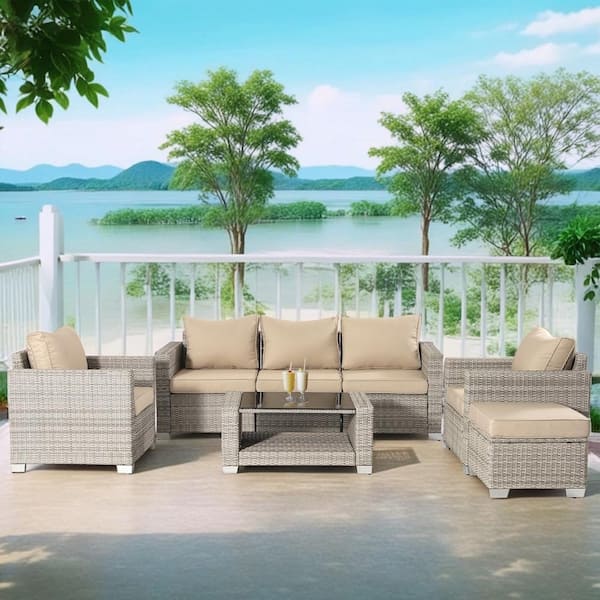 fiziti 7-Piece Wicker Outdoor Patio Conversation Furniture Seating Set with Dark Blue Cushions