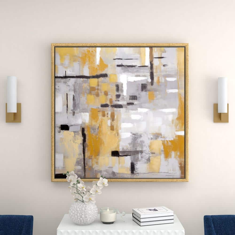 Gold and Gray Abstract Canvas Wall Art with Gold Frame, 40" x 40"