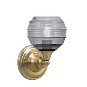 Fulton 1-Light New Age Brass Wall Sconce 6 in. Smoke Ribbed Glass