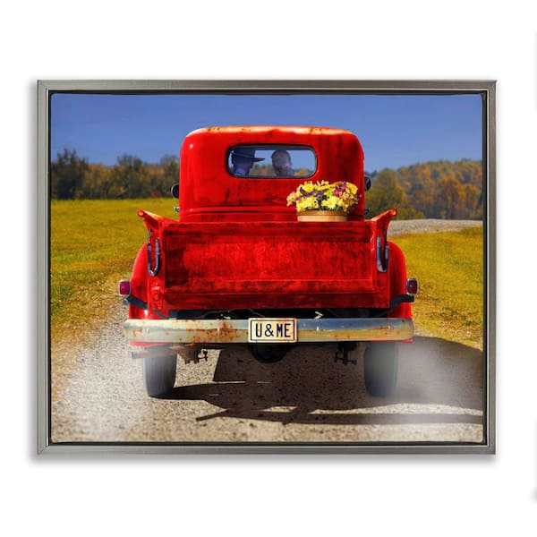 Cowboy in Red Truck by Michael Quackenbush Gray Floater Frame Typography Graphic Art Print 25 in. x 31 in.