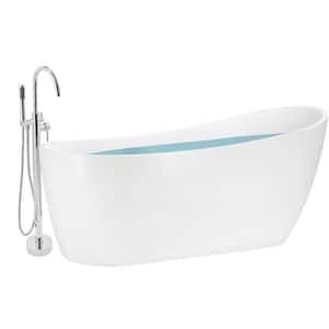 60 in. Glossy White Fiberglass Tub for Bathtub with Tub Filler Combo - Modern Flat Bottom Stand Alone Tub