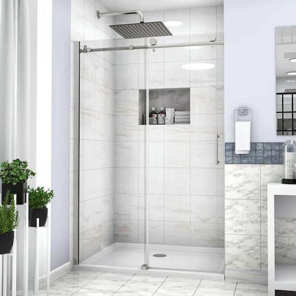 Magic Home 76 in. x 48 in. Bypass Single Sliding Semi-Frameless Shower Door Enclosure Tub Door with Clear Glass in Brushed Nickel