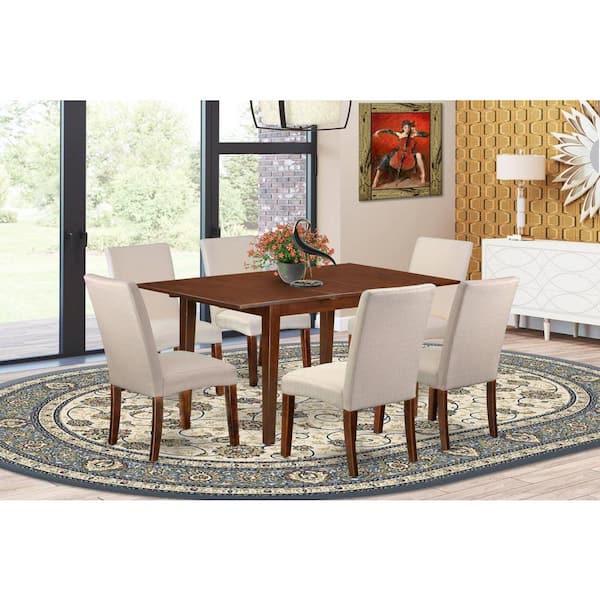East West Furniture 7-Piece Rectangle Mahogany Finish Solid Wood Top Dining Table with 6 Parson Chairs with Lattice Back