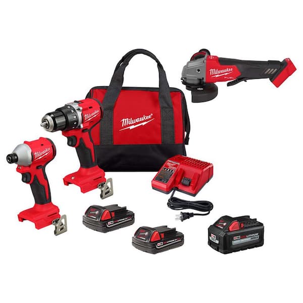 M18 FUEL 18V Lith-Ion Brushless Cordless Hammer Drill & Impact Driver Combo Kit (3-Tool) w/ 3 Batteries & M18 Grinder