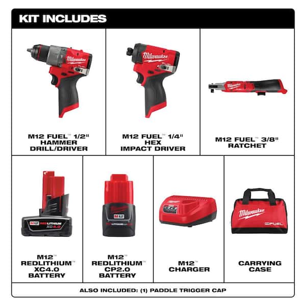 M12 FUEL 12-Volt Lithium-Ion Brushless Cordless Hammer Drill and Impact Driver Combo Kit and 3/8 in. Ratchet (3-Tool)