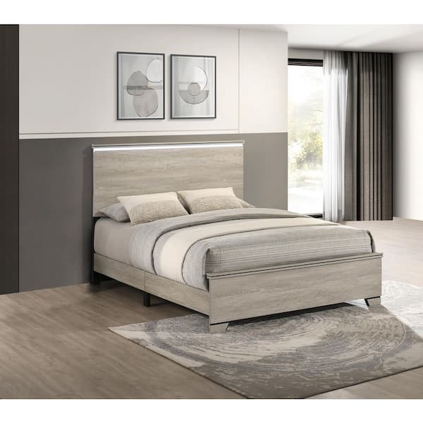 Steph Greige (Gray and Beige) Rustic Oak Wood Frame Eastern King Panel Bed