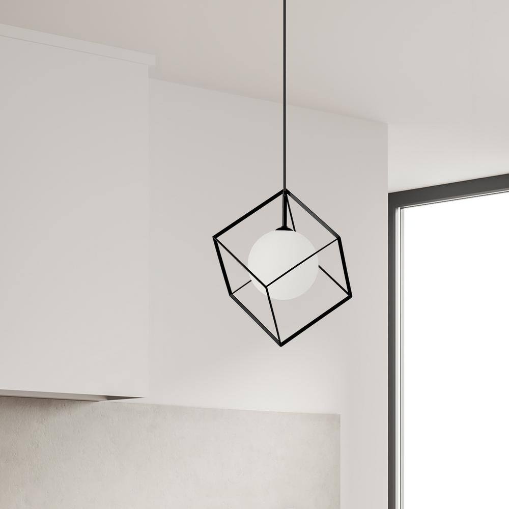 Matte Black Modern Globe Pendant Light with White Glass Shade