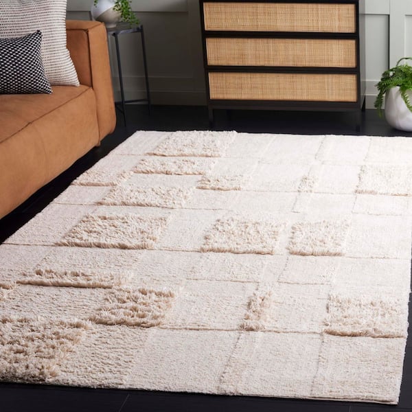 Easy Care 6 ft. x 6 ft. Ivory Machine Washable High-Low Solid Checkered Square Area Rug