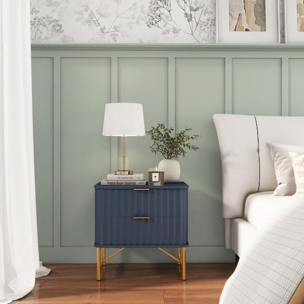 Clihome Modern Blue 2-Drawer Nightstand with Arched Grooved Panels and Crossbar Metal Legs for Bedroom or Living Room