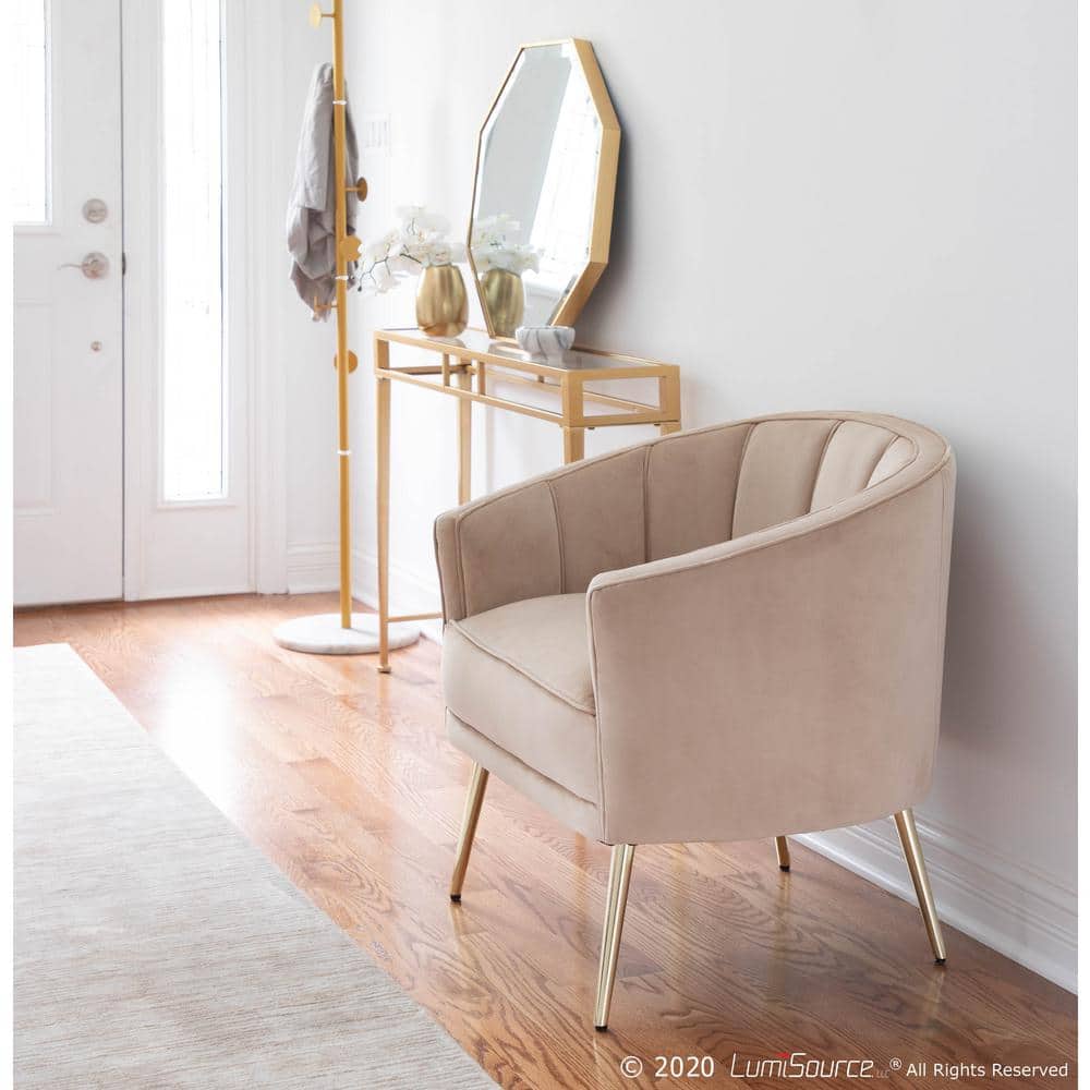Champagne Velvet Barrel Accent Chair with Gold Metal Legs
