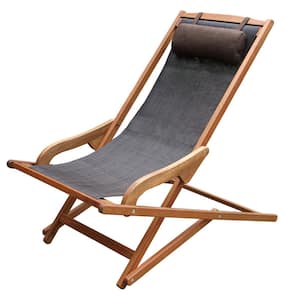 Dark Brown Foldable Sling and Eucalyptus Outdoor Lounge Chair with Head Pillow