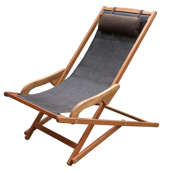 Outdoor Interiors Dark Brown Foldable Sling and Eucalyptus Outdoor Lounge Chair with Head Pillow