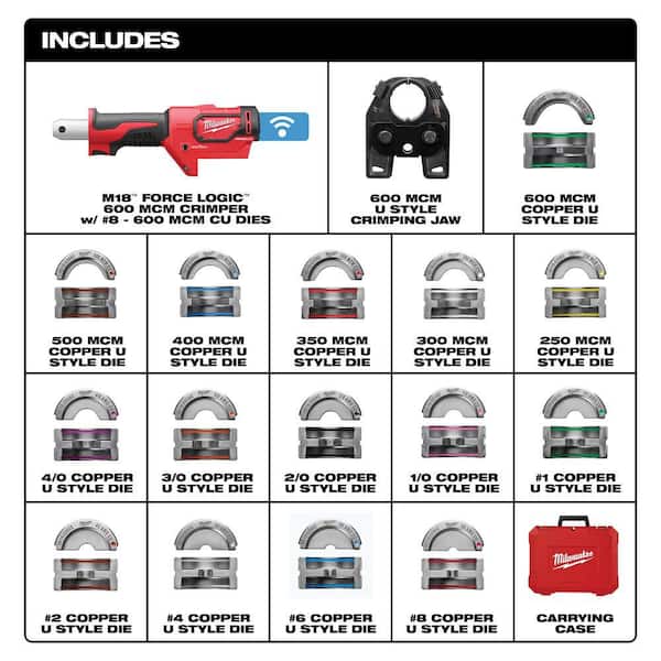 M18 18V Lithium-Ion Cordless FORCE LOGIC 600 MCM Crimper with #8-600 MCM Cu Dies