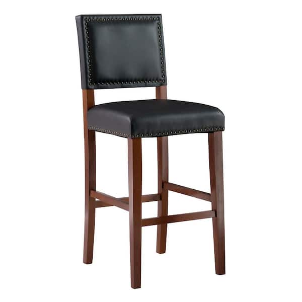 Linon Home Decor Brook Black Faux Leather and Cherry Stained Legs Barstool