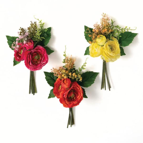 SULLIVANS 11.75 in. Multi-Colored Indoor Artificial Set of 3 Ranunculus Flower Bush