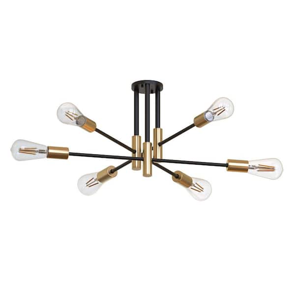 YANSUN 32.7 in. 6-Light Black Unique Modern Sputnik Semi-Flush Mount with Aged Brass Socket Cups