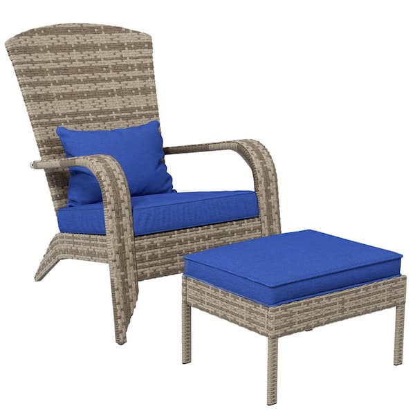 Sudzendf Gray Patio Wicker Adirondack Chair with Dark Blue Cushions and Ottoman, Outdoor Fire Pit Chair, Large Seat and Armrests