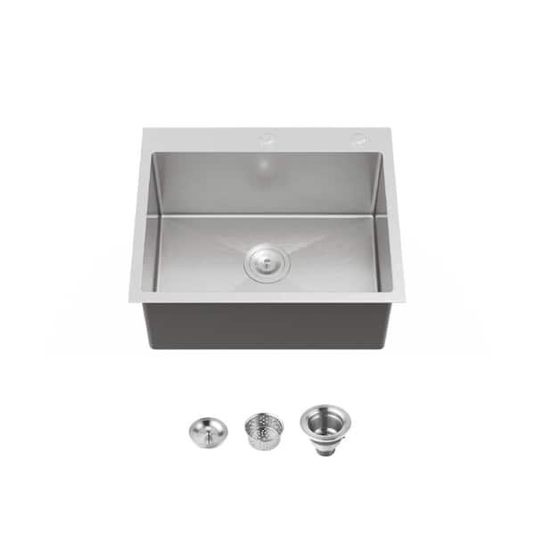 Stainless Steel Kitchen Sink, 23″x19″ Single Bowl, Overmount Handmade Sink in Dark Gray, with US Standard Drain and Hook