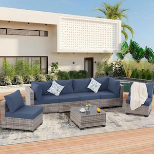 7-Piece Gray Wicker 6-Seat Outdoor Sectional Set with Blue Cushions