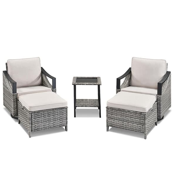 5-Piece Wicker Outdoor Swivel Chairs Patio Conversation Set with Beige Cushions, Iron Handrail