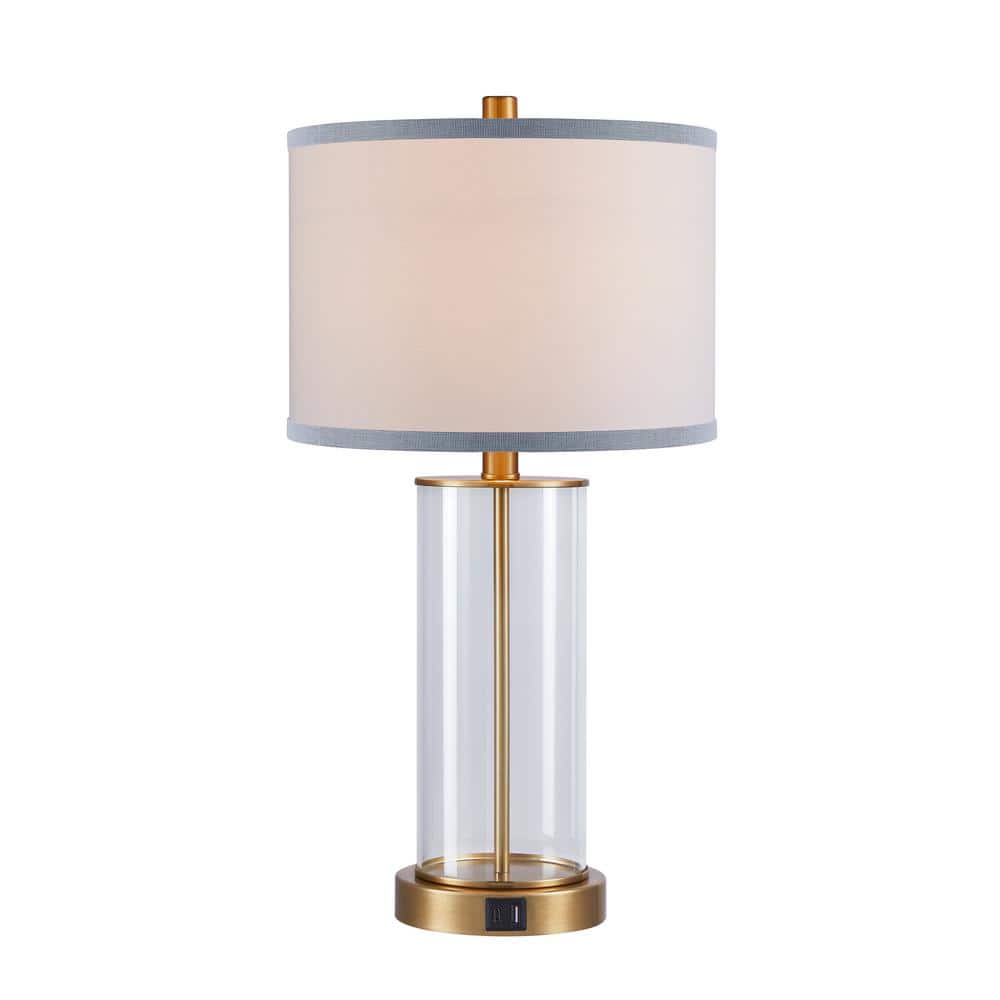 23.25" Clear Glass and Antiqued Brass Table Lamp Set with USB Ports