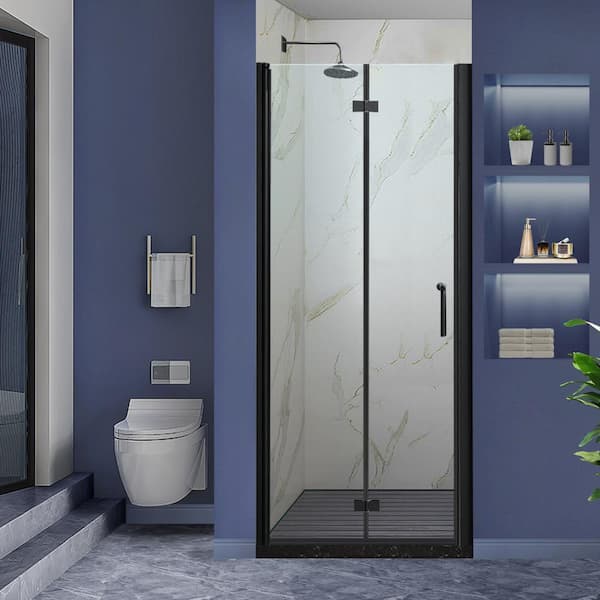 Lonni 32-33.5 in. W x 72 in. H Bi-Fold Frameless Shower Door in Black with Clear Glass