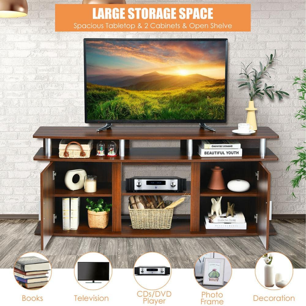 Walnut 63 Inch TV Stand with Cabinets and Fireplace Option